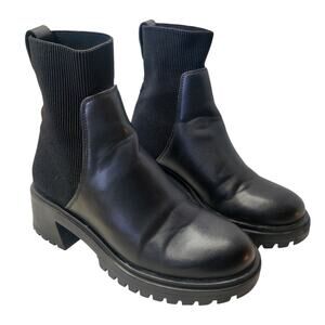 Steve Madden Holley Stretch Knit Chelsea Boot Black Faux Leather 9.5 Lug Sole